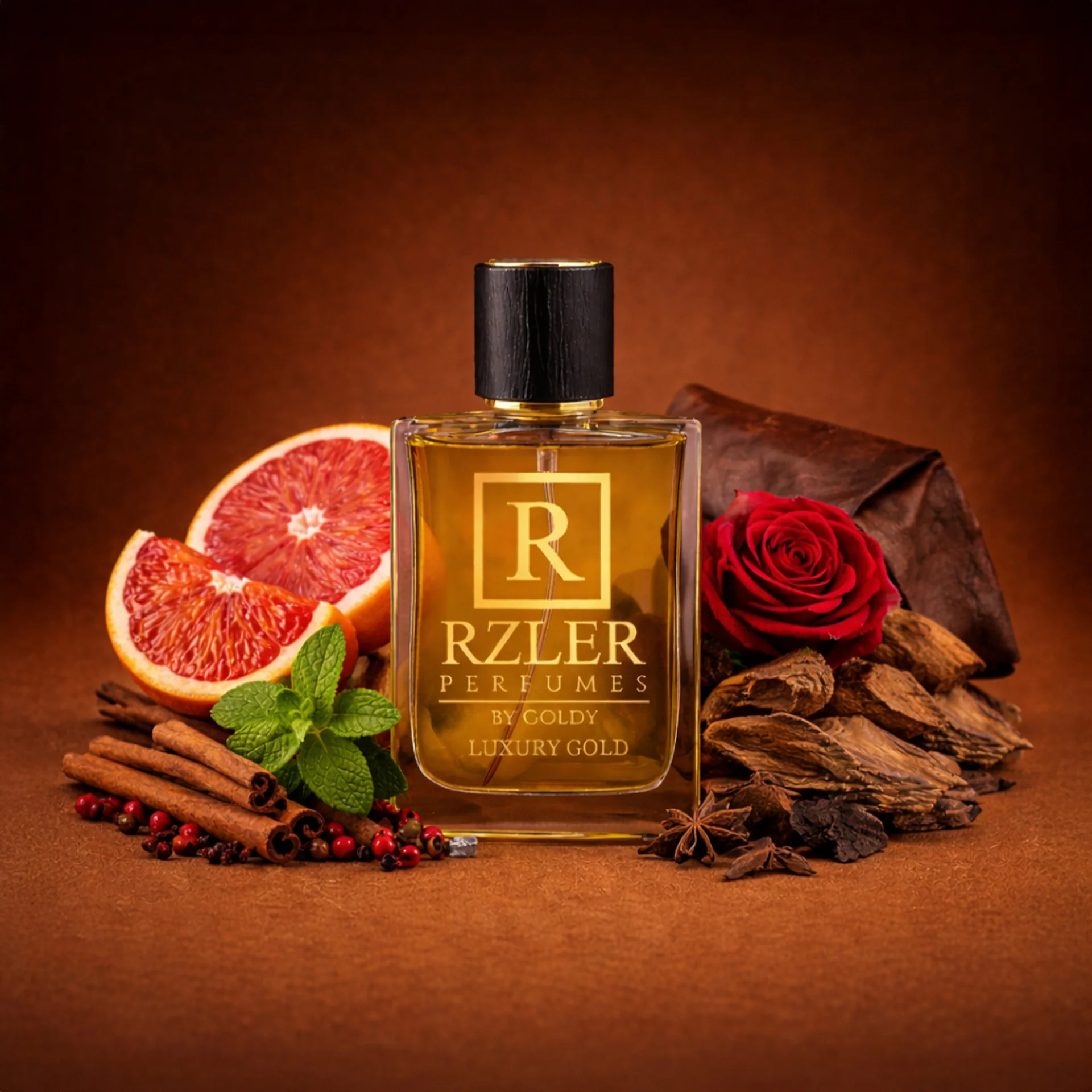 RZLER Luxury Gold Perfume for Men 50 ml | Woody Spicy Leathery Notes | Long Lasting Fragrance